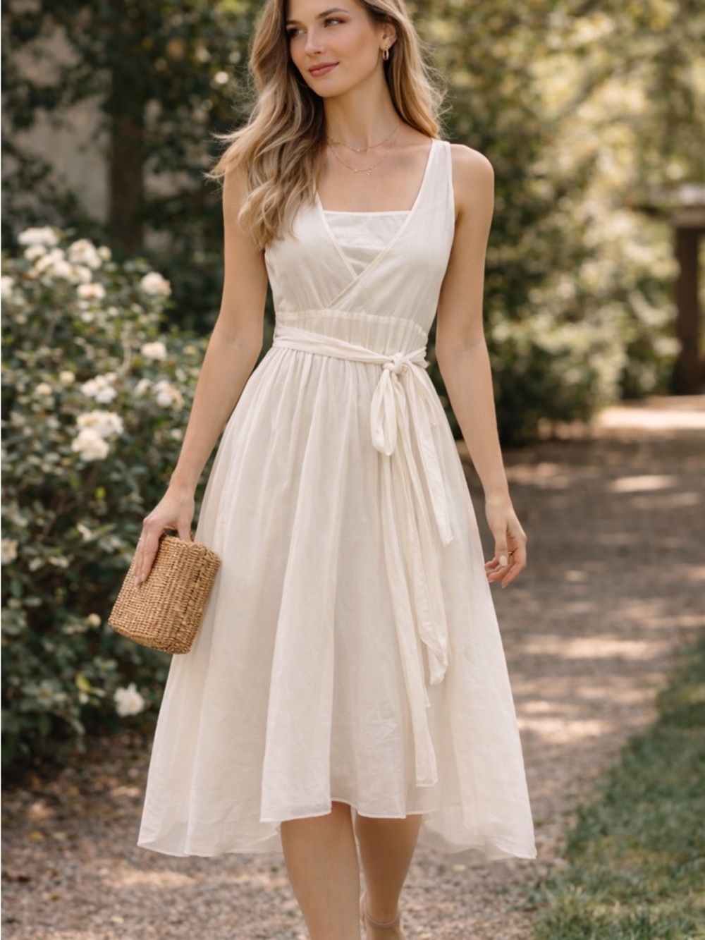 Calvin Klein White Wrap Dress‎ Tie Waist Sleeveless Size 8 Midi